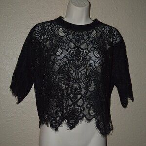 $345 Sz S Jonathan Simkhai Black Lace Short Sleeve Cropped Blouse Top